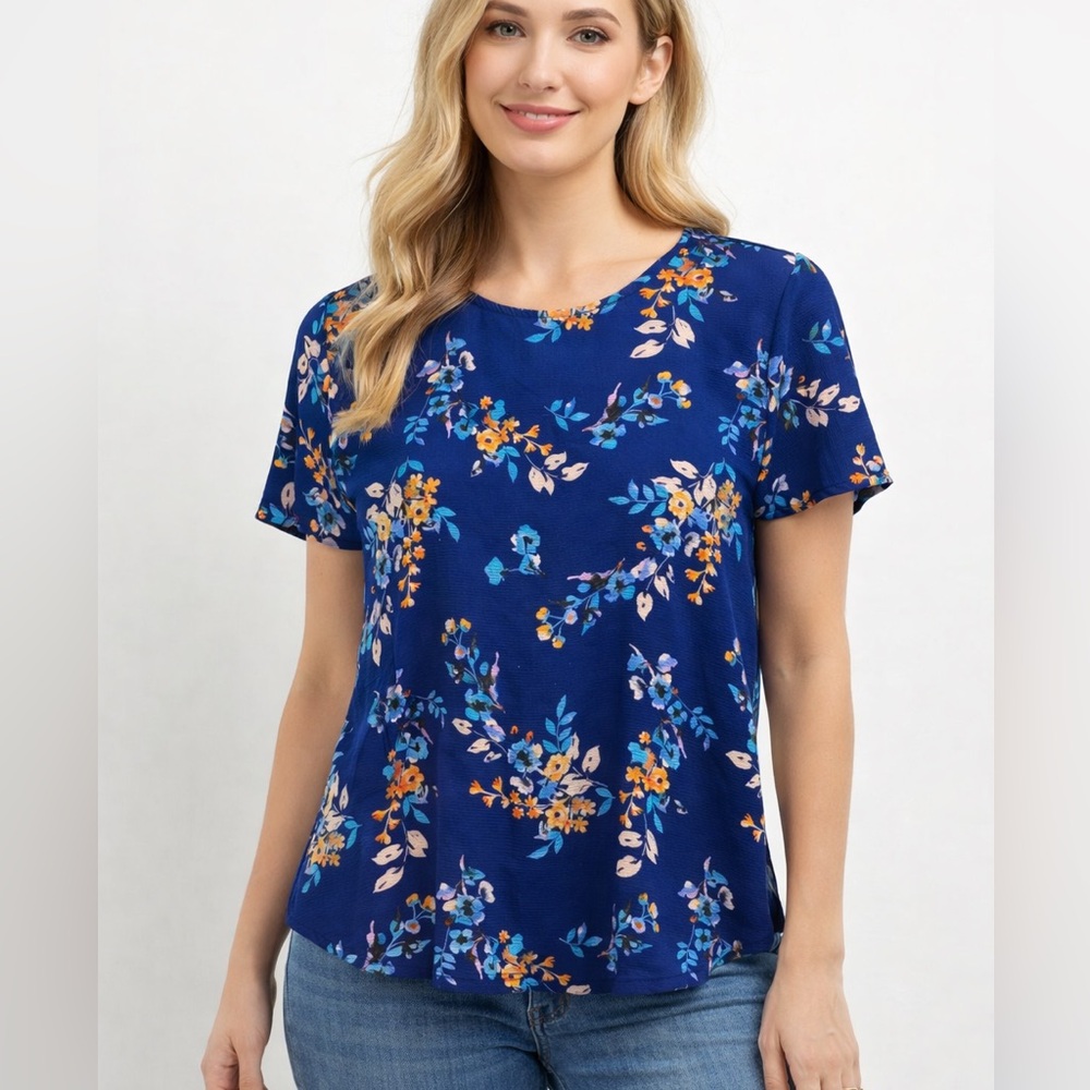 Navy Blue Floral Short Sleeve Blouse | Lightweight Casual Work Top